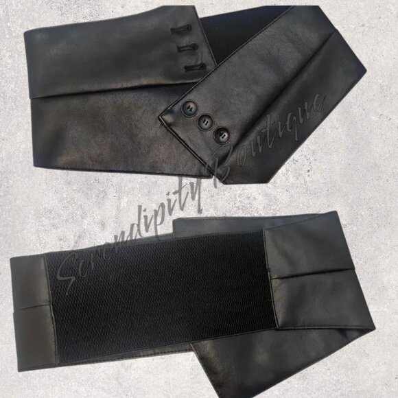 Boho Moto Chic Wide Faux Leather Black Leather Button Detail Statement Belt - Picture 2 of 7